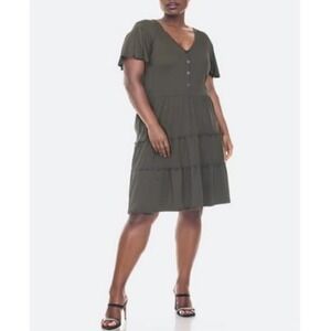 White Mark Dress Womens Plus 2XL Olive Green Tiered Flutter Sleeve Ruffled‎ Trim